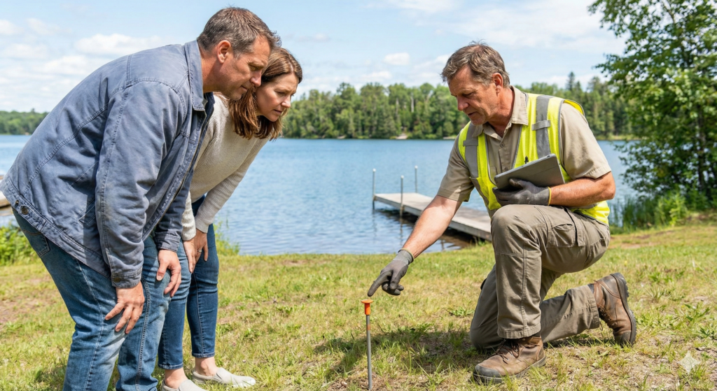 Your Home Sold Guaranteed Realty Exclusive - Professional land surveyor uses a theodolite on a tripod to verify property lines for a luxury lakefront real estate lot in North Central Minnesota