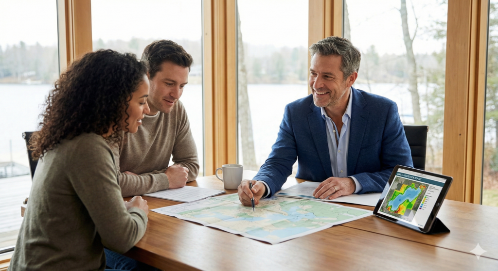 Your Home Sold Guaranteed Realty Exclusive - What Are the Pros and Cons of Buying on a Private vs Public Lake? A peaceful young family enjoying the tranquility of a private lake in Nisswa, Minnesota, highlighting the pros of buying exclusive lakefront property