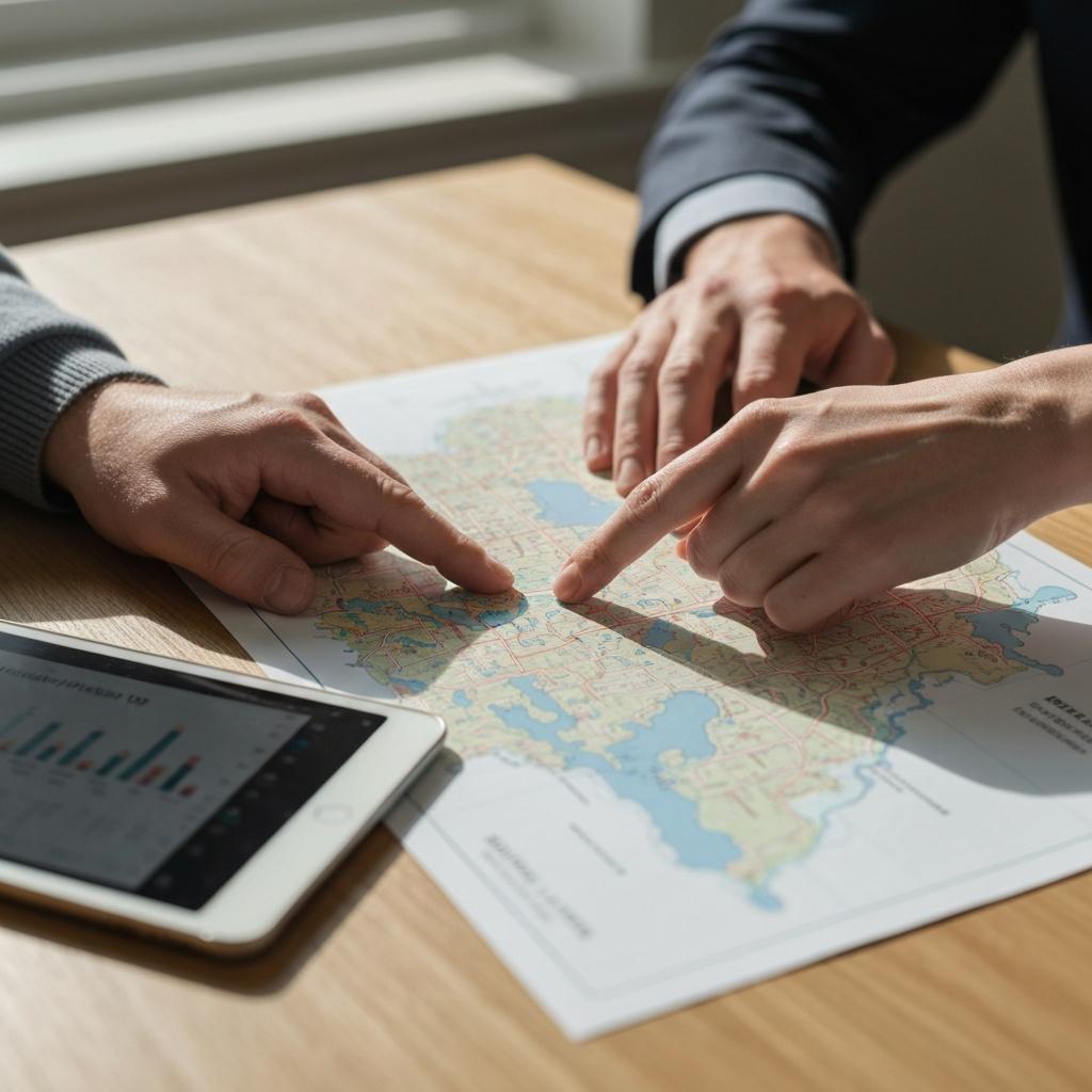 Should You Price Your Home High to Leave Room for Negotiation? Close-up photorealistic shot of a realtor and client's hands analyzing a detailed map to correctly price a home for sale in Nisswa, Minnesota.
