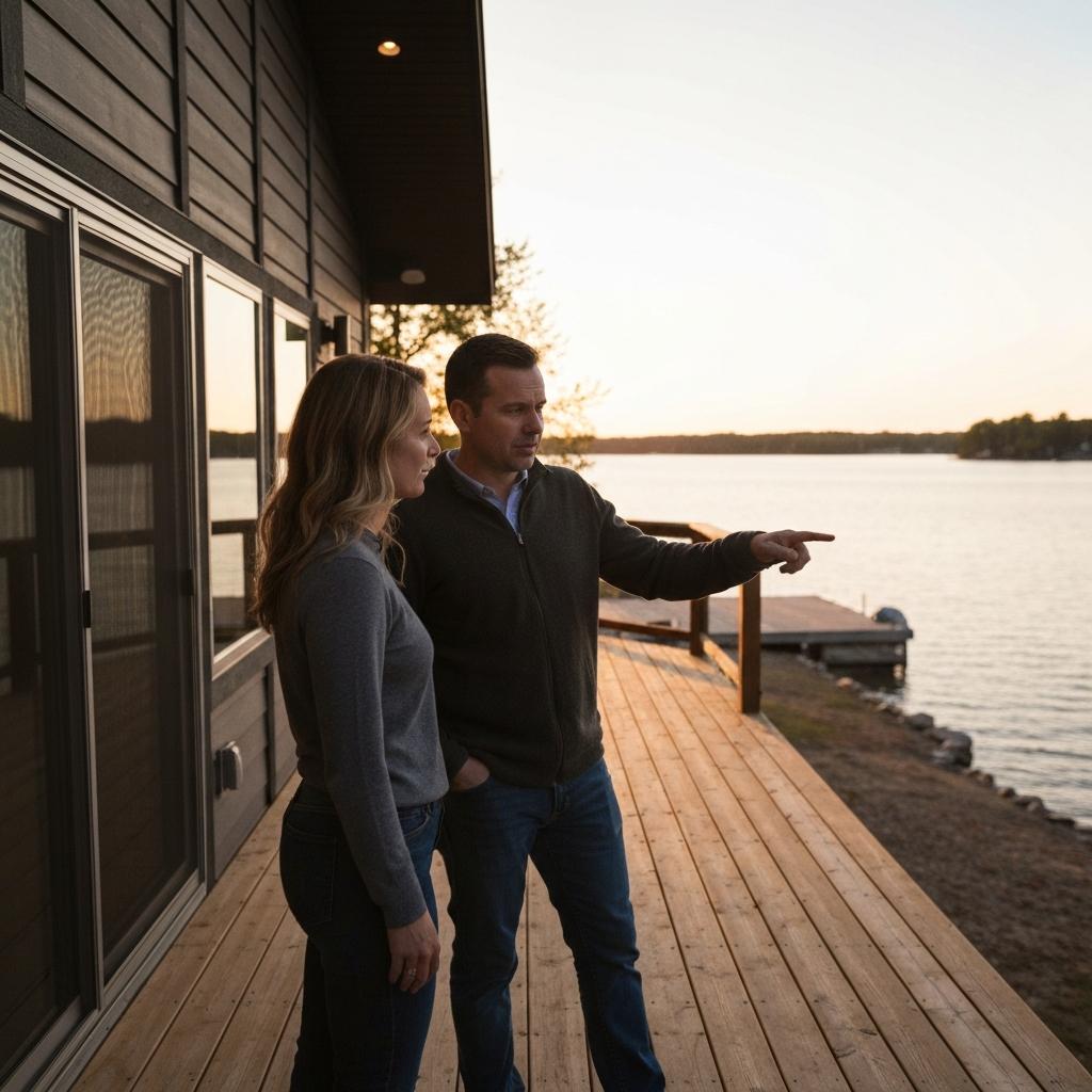 How Many Times Do People Look at a House Before Making an Offer in Nisswa MN? Thoughtful couple on a second viewing of a luxury lakefront home before making an offer, looking at the water from the deck in Nisswa, Minnesota.