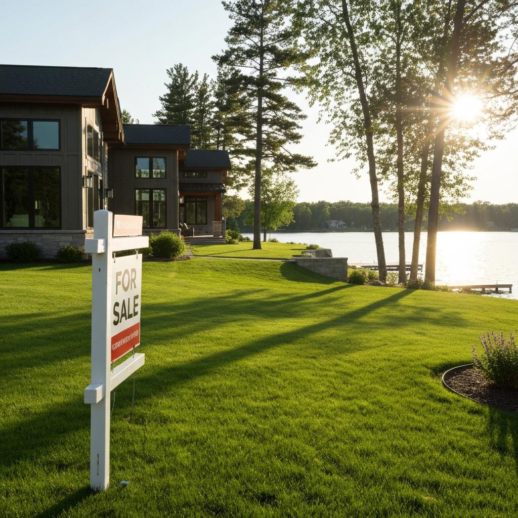 Why Do the First 7 to 14 Days of a Home Listing Matter Most?  Stunning modern lakefront home listing with a 'For Sale' sign on the manicured lawn during a bright summer day in Nisswa, Minnesota.