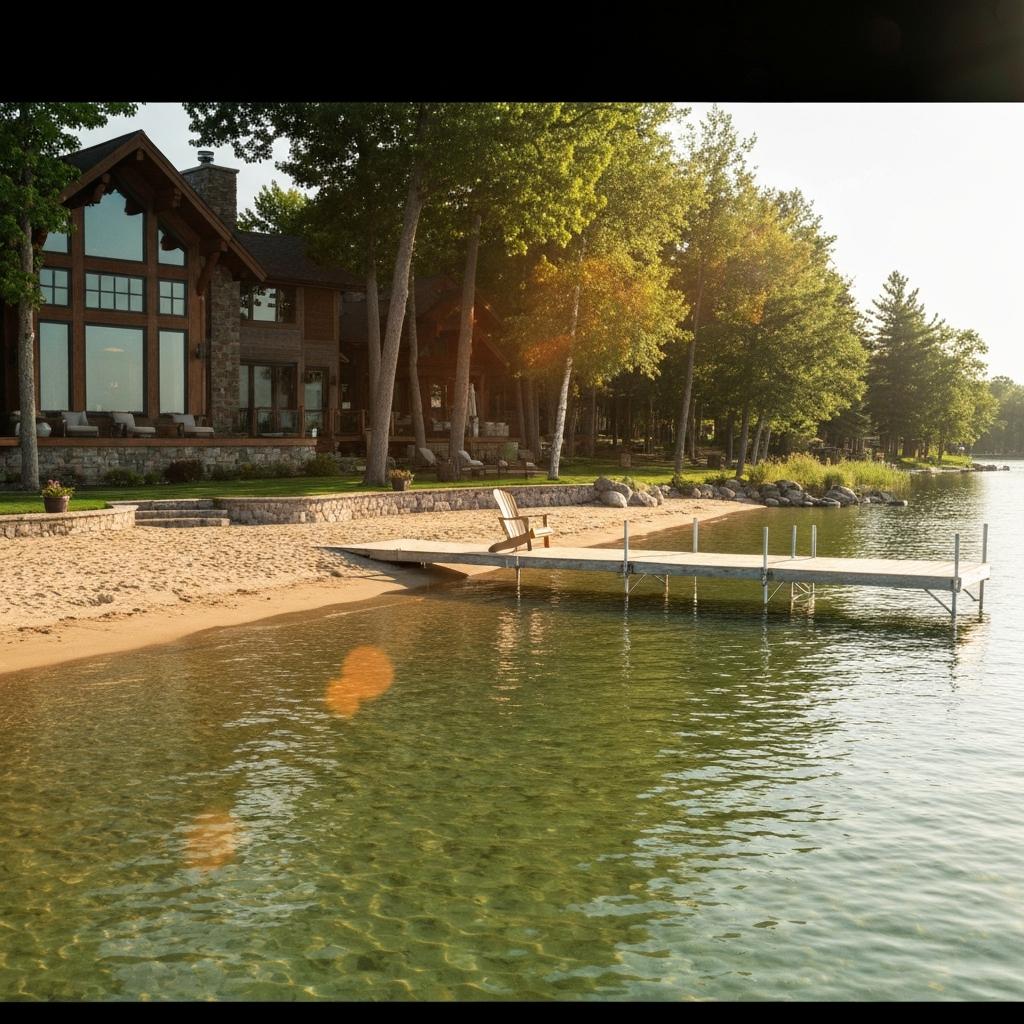 What Gives a Lake Home the Most Value? Luxurious Minnesota lake home with a private sandy beach and wooden dock, demonstrating high lake home value in the Nisswa real estate market.