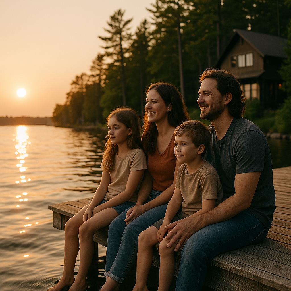 How Do You Determine If a Lake House in Minnesota Is Worth the Asking Price? Serene family enjoying a beautiful lake house in Minnesota, watching the golden hour sunset from a wooden dock on Gull Lake in Nisswa.