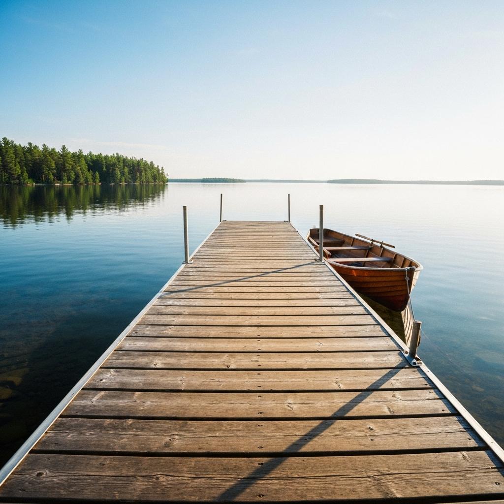 How Is a Lake Home Priced Differently Than a Traditional Home in Minnesota - A classic wooden dock extending into the calm, clear water of a Gull Lake home, highlighting Minnesota lake home value and its prime lakeshore.