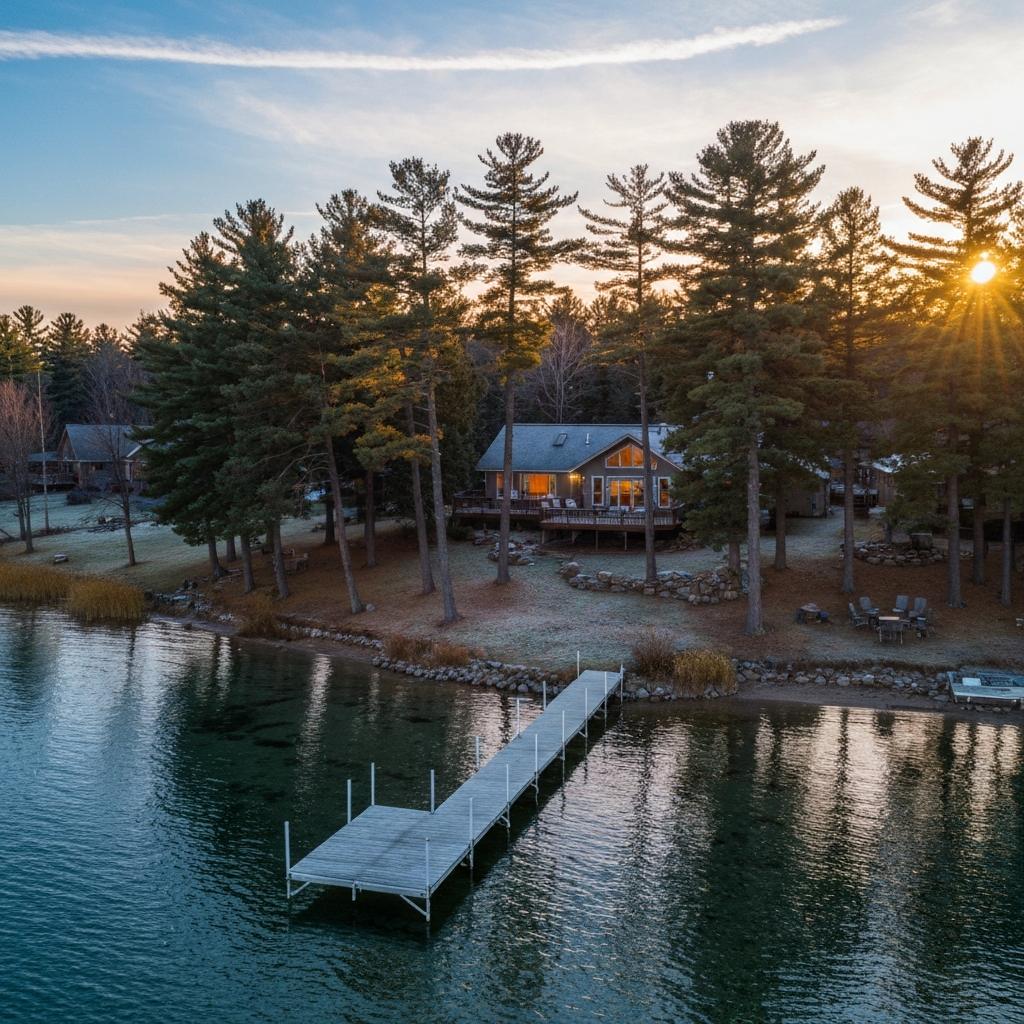 Photorealistic aerial view of an aspirational Minnesota lake house at sunset with a dock, showing a prime real estate investment in Nisswa.