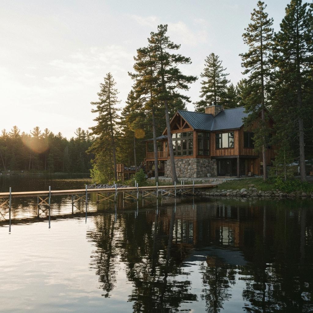 Beautiful modern-rustic Minnesota lake house with a wooden dock on a calm lake at sunset, representing a prime real estate investment in Nisswa - Brainerd Lakes MN