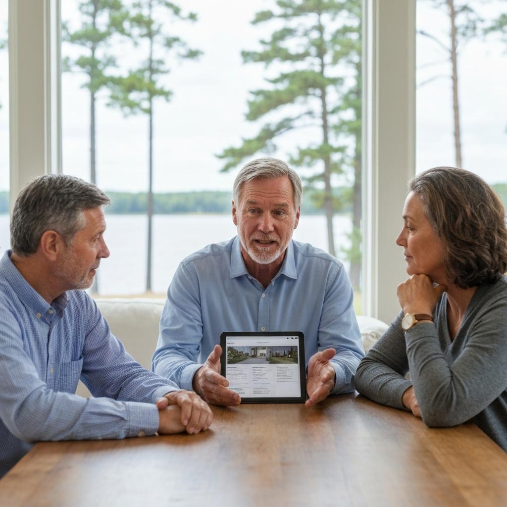 How Do You Determine If a Lake House in Minnesota Is Worth the Asking Price? Professional real estate agent explains Minnesota lake house value to a couple in a bright Nisswa, MN home with a beautiful lake view.