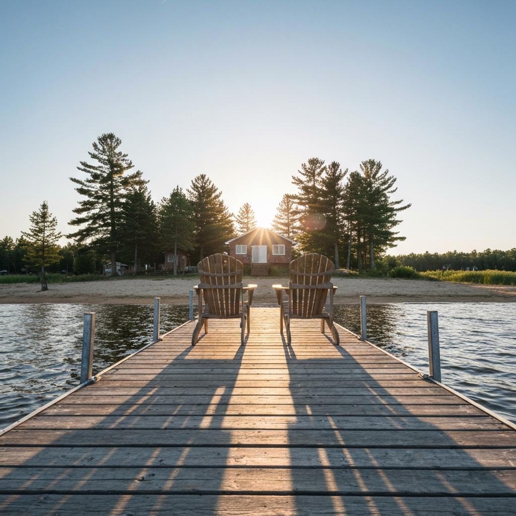 How Is a Lake Home Priced Differently Than a Traditional Home in Minnesota. Peaceful Minnesota lake home cabin viewed from the dock during a golden hour sunset, highlighting the prime shoreline for Nisswa lake home valuation.