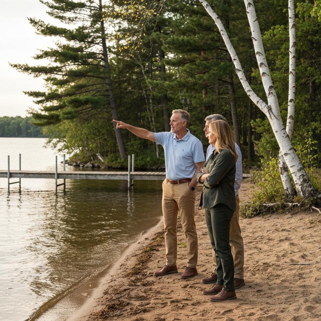 How Many Times Do People Look at a House Before Making an Offer in Nisswa MN? Knowledgeable real estate agent guides a thoughtful couple during a detailed Nisswa lakefront home viewing, assessing the shoreline in Minnesota.