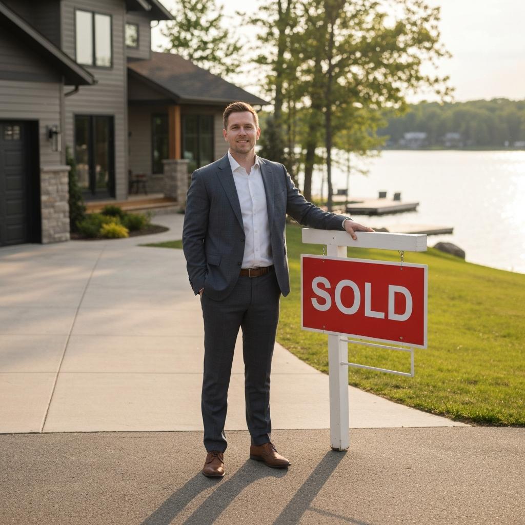 Can Great Marketing Actually Fix an Overpriced Home? Professional Nisswa real estate agent proudly stands next to a 'SOLD' sign in front of a beautiful lakefront property on Gull Lake, Minnesota.