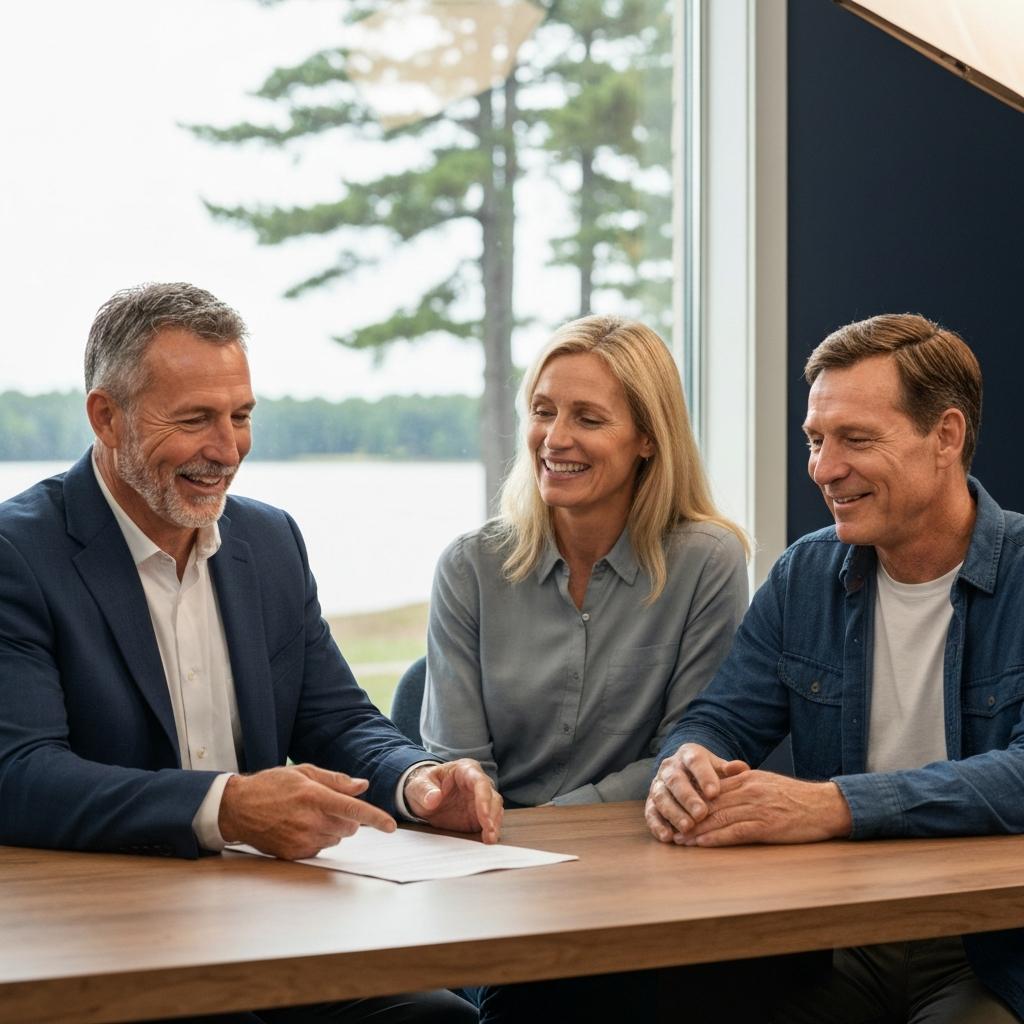 Knowledgeable real estate agent Dan Schueller discusses a successful home purchase offer with a happy couple in his modern office in Nisswa, Minnesota.
