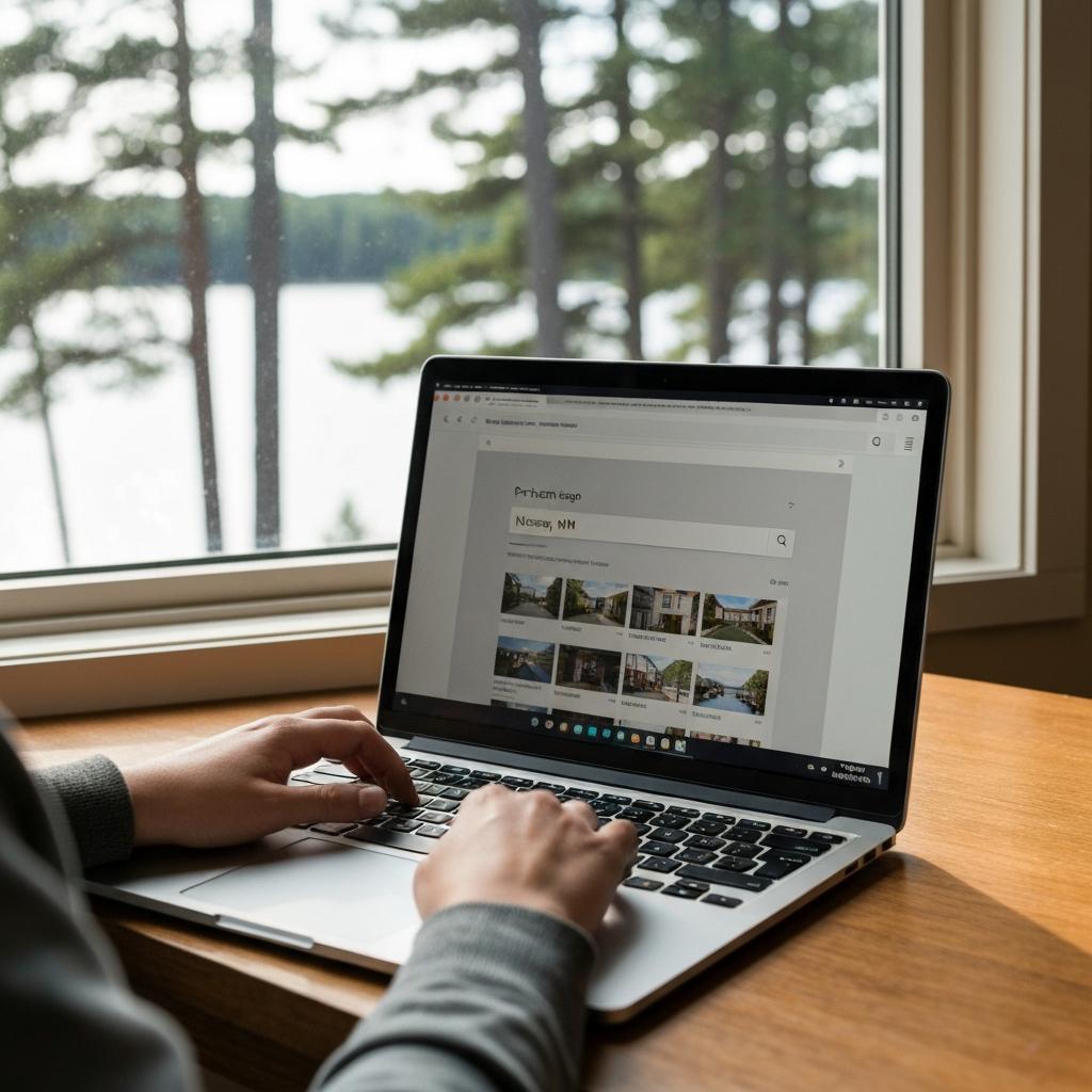 How Do Online Search Ranges Affect Who Sees Your Home? Close-up of a home buyer adjusting online real estate search ranges on a laptop to find lakefront homes for sale in Nisswa, Minnesota.