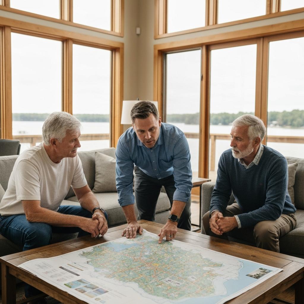 How Do Online Search Ranges Affect Who Sees Your Home? Expert real estate agent explaining online search ranges to mature home sellers in their sunlit, lakefront living room in Nisswa, Minnesota.