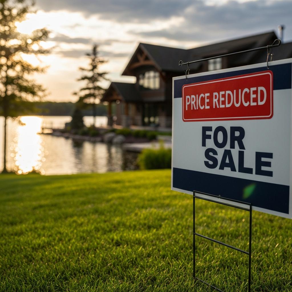 Can Great Marketing Actually Fix an Overpriced Home? A price-reduced sticker on a real estate sign in front of an overpriced lakefront home for sale in Nisswa, Minnesota at golden hour.