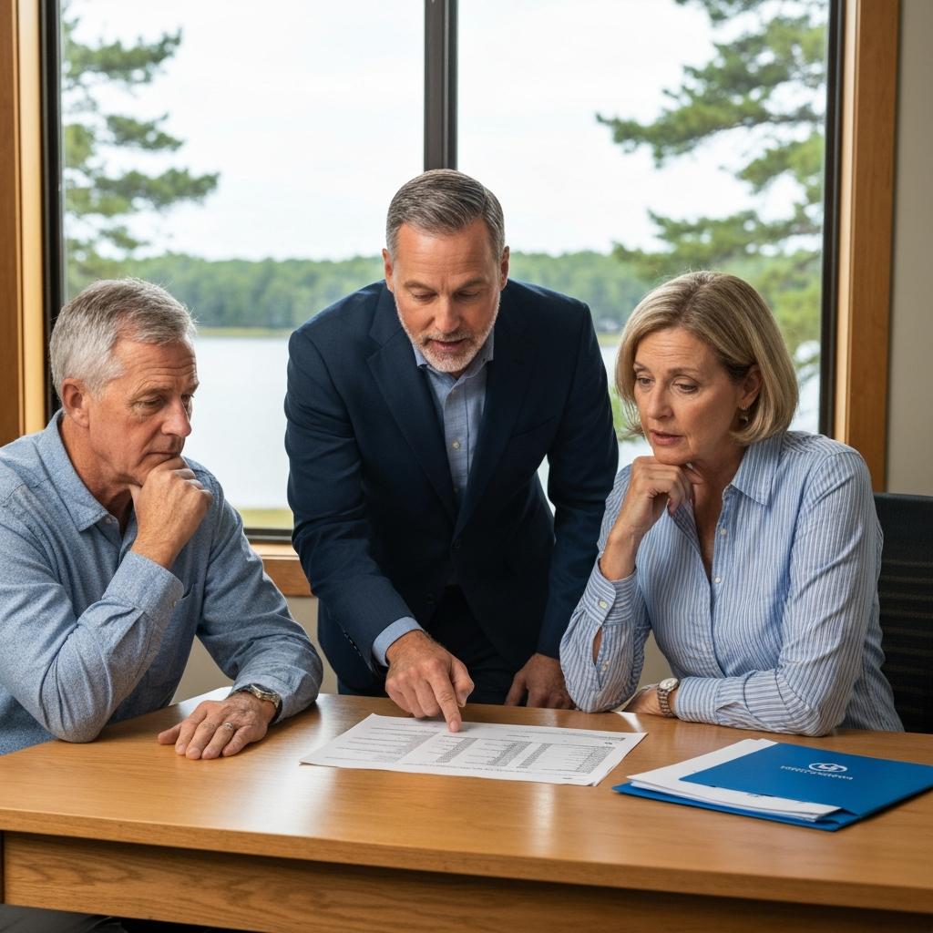 How Do You Know If Your Home Is Overpriced? A professional real estate agent explains a market analysis for an overpriced home to a relieved couple in his modern Nisswa, Minnesota office.