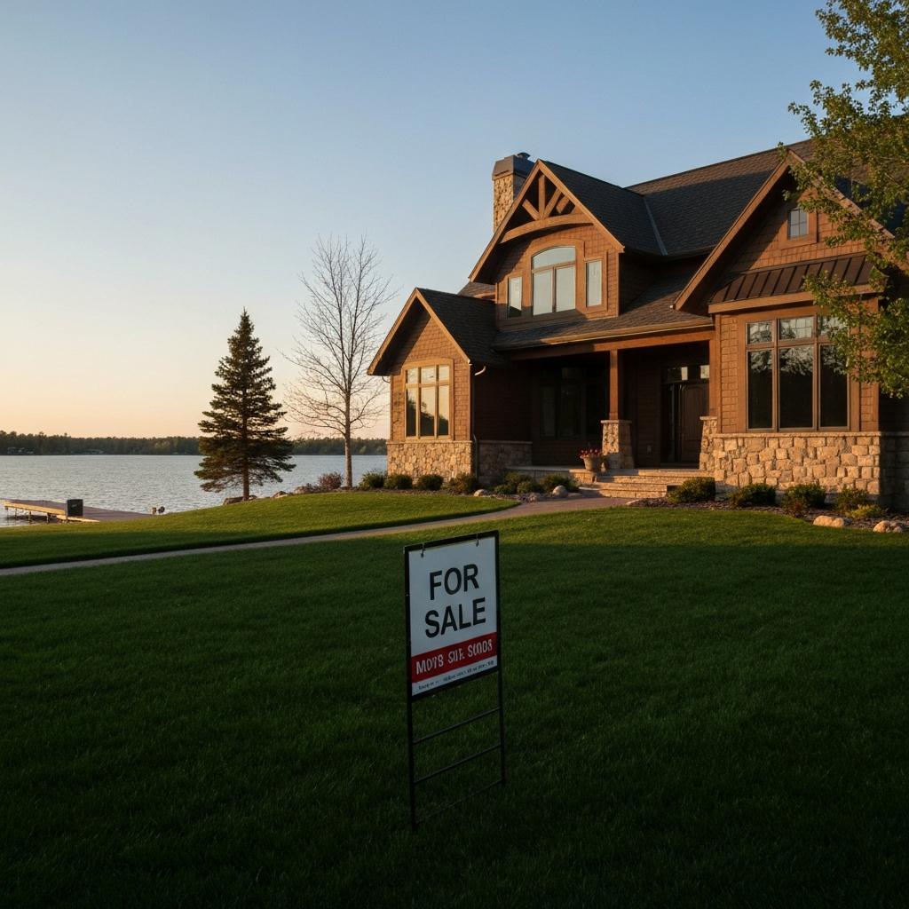 How Do You Know If Your Home Is Overpriced? A beautiful but empty lakefront home with a 'For Sale' sign sits unsold at golden hour, a clear sign of an overpriced home in Nisswa, Minnesota.