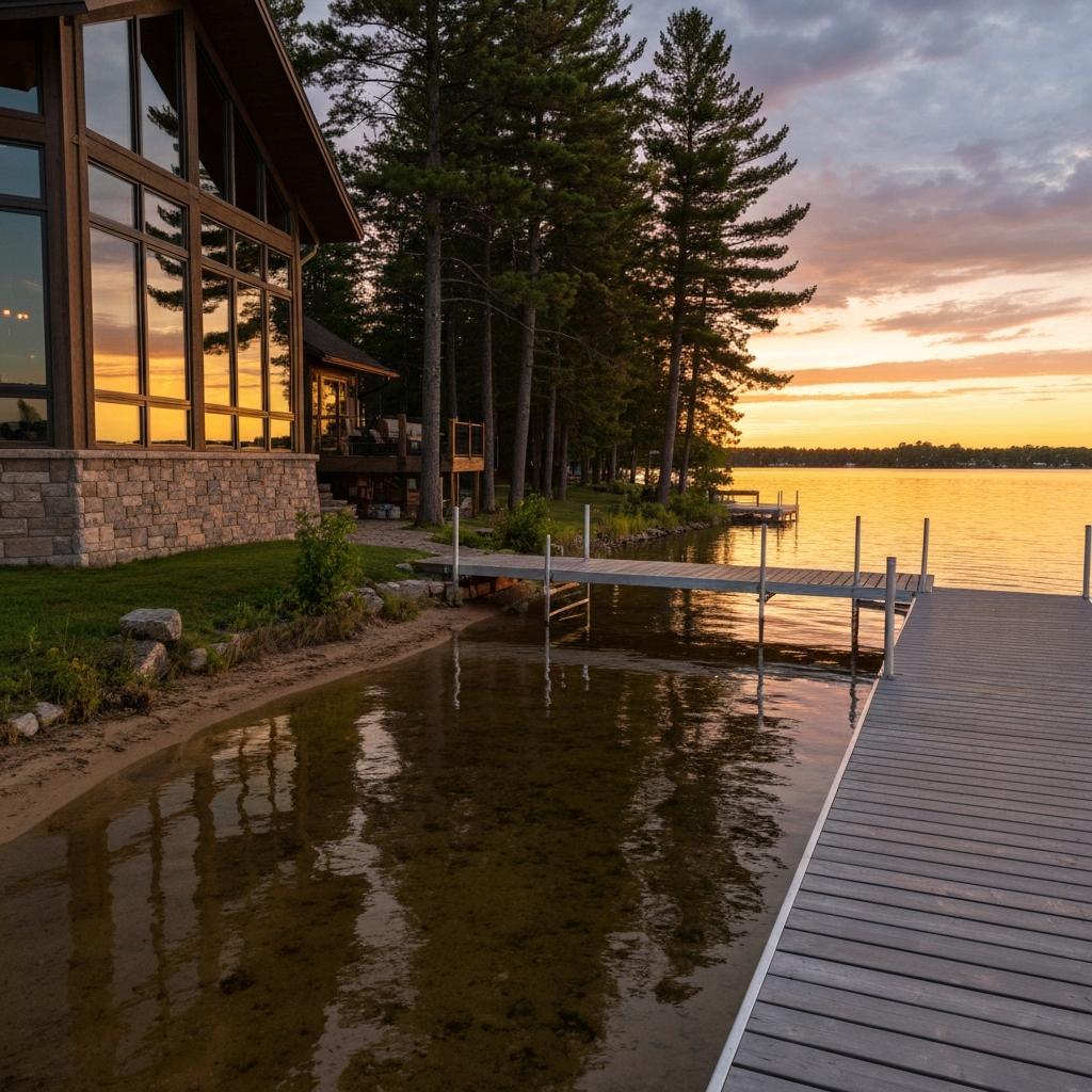 What Gives a Lake Home the Most Value? A luxurious Minnesota lake home with a private dock on Gull Lake at sunset, showcasing high property value in the Nisswa real estate market.